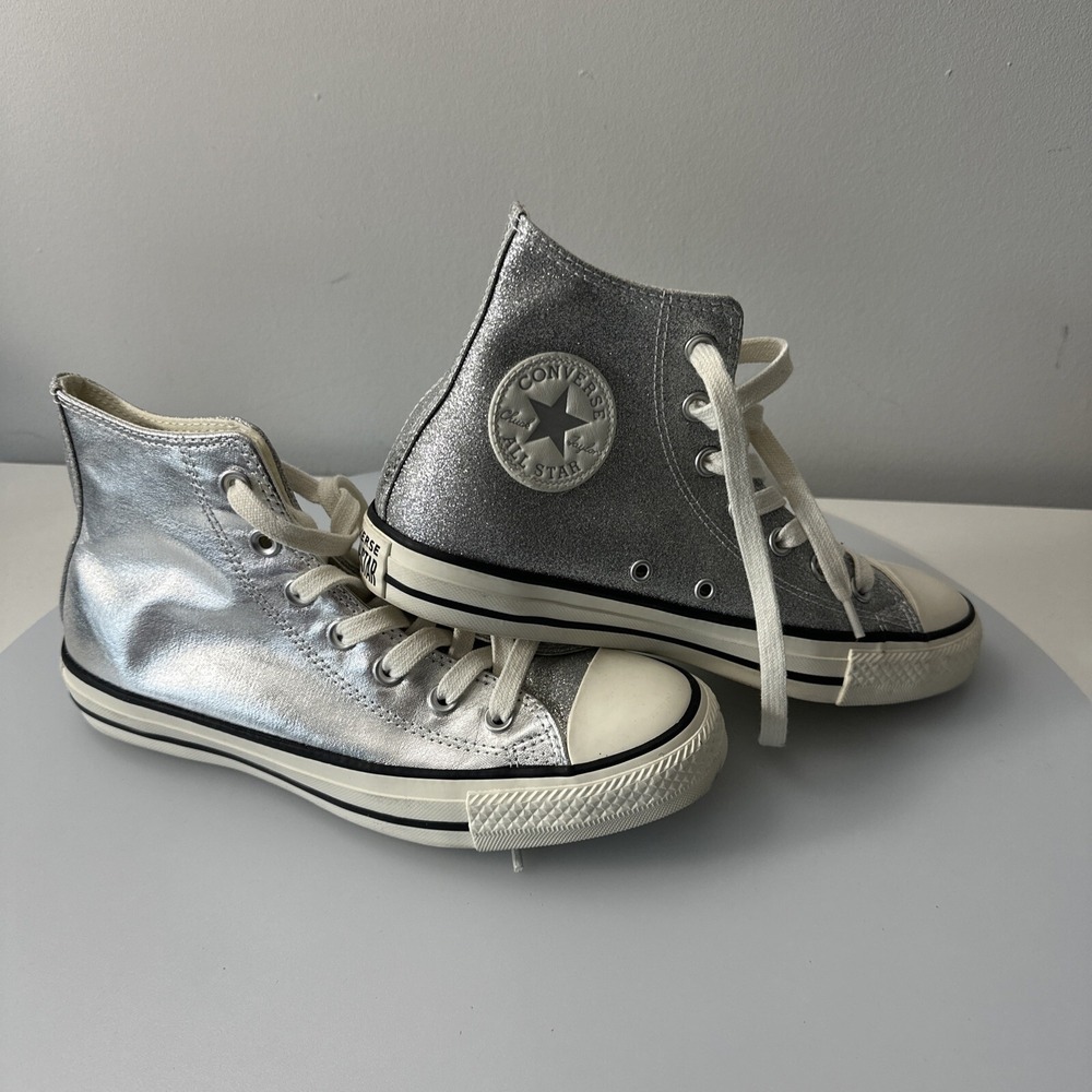 Converse CTAS Shiny Metal Hi 564869C Women's Silver/Egret/Black Shoes Size W 8